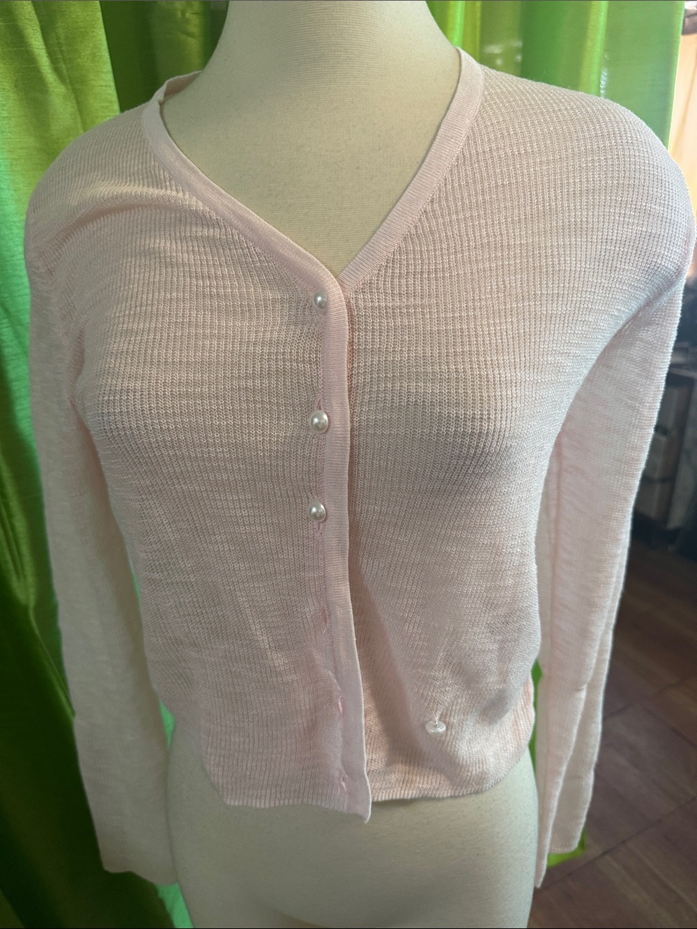 Light Pink V-Neck Pearl Button Women's Cardigan Sweater